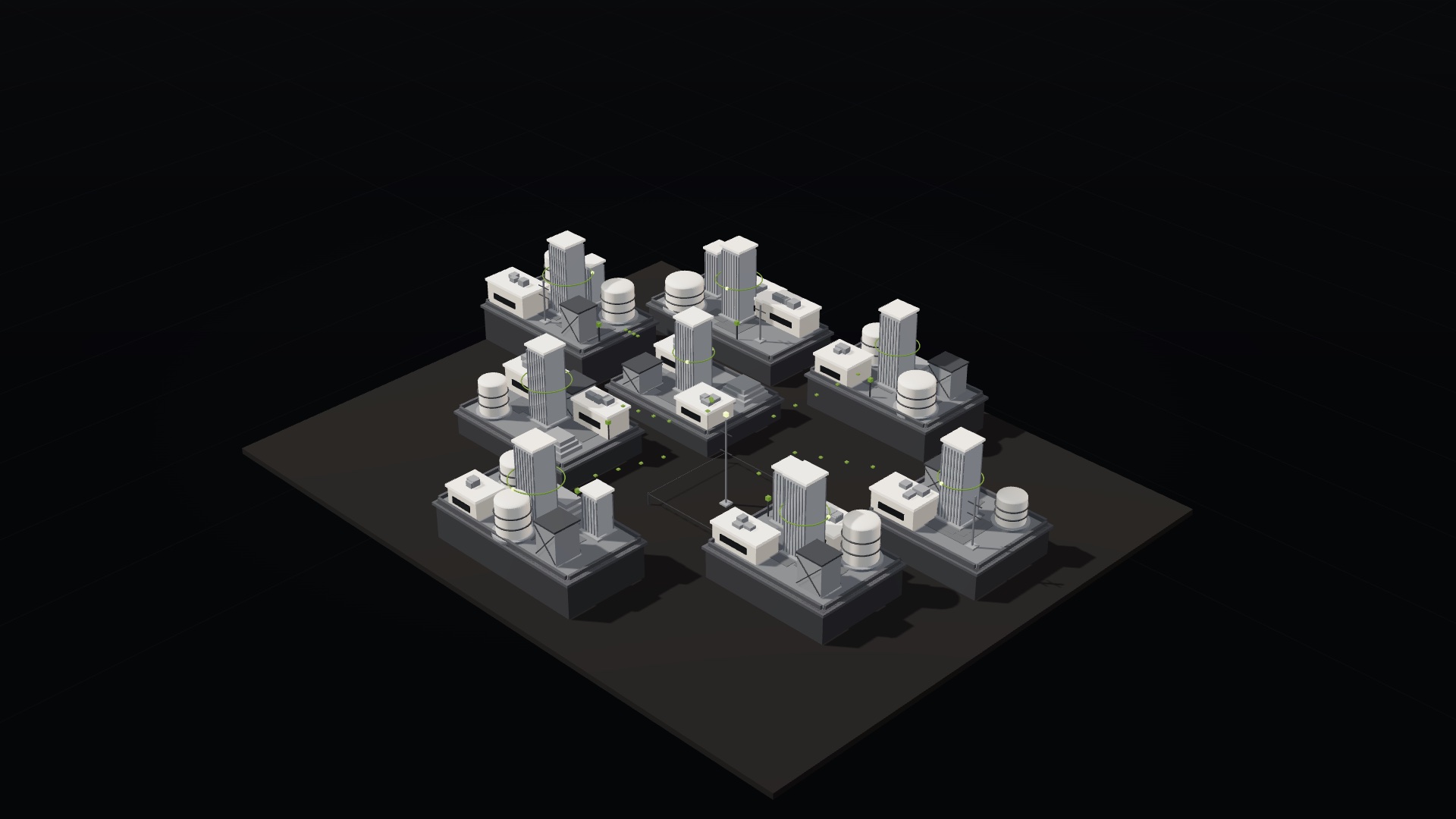 The same eight isolated data platforms, now surveyed: a marker mast stands on the empty ground where the exchange will be built, small markers sit at the edge of every platform, and dotted lines are staked across the gaps along the future routes.