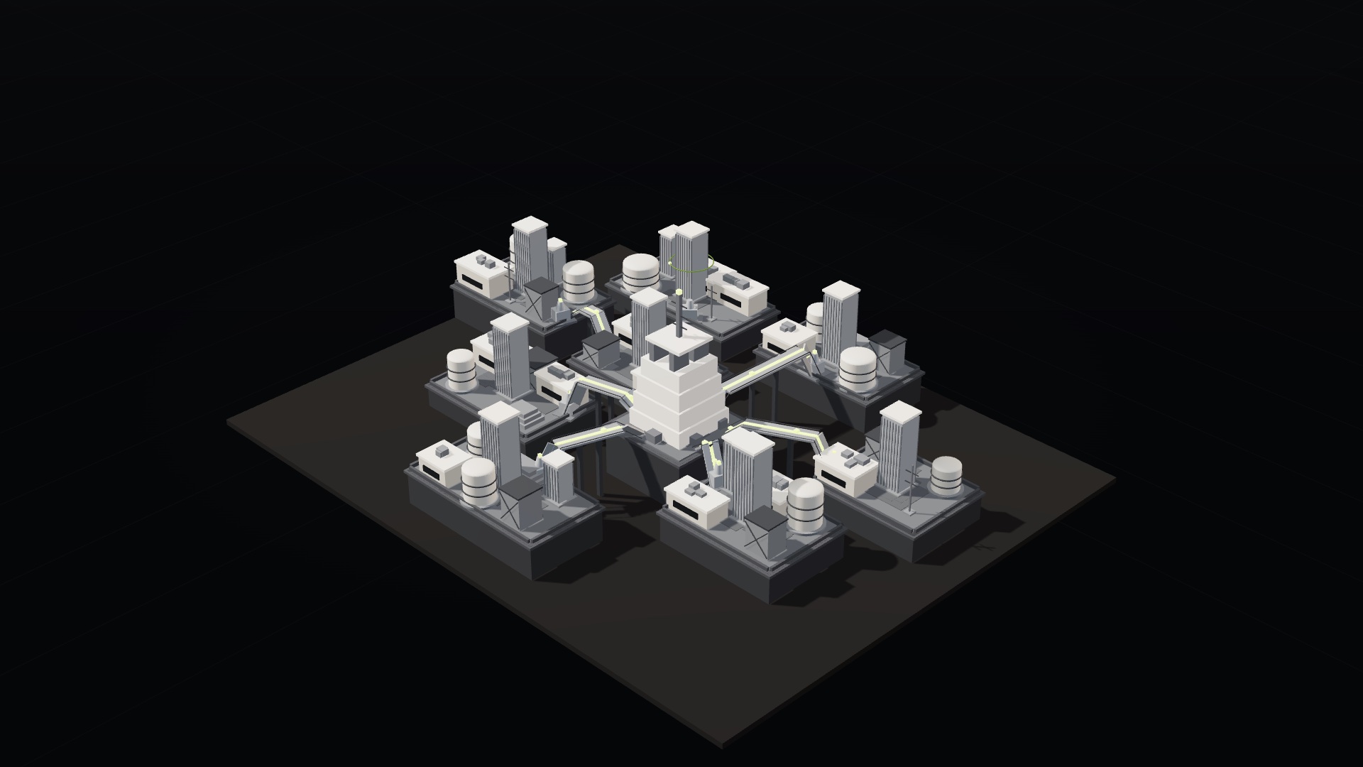 Most of the data platforms are now joined by illuminated corridors carrying directional pulses of light, with signals routing through the central exchange to reach previously disconnected platforms.